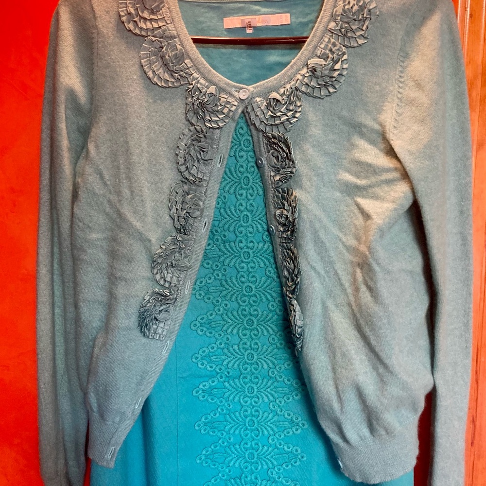 BODEN cashmere, cotton  and angora cardigan with rosette trimming.